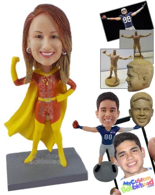 Girl in Super Woman Costume Showing Her Muscle Personalized Bobblehead