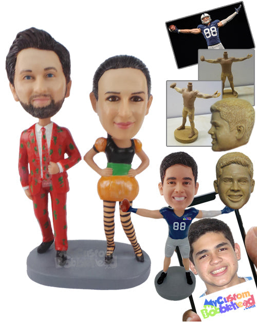 Couple Dressed Up for Halloween with the Man Wearing a Fancy Suit and the Woman a Pumpkin Costume Personalized Bobblehead