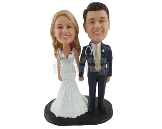 Custom Bobblehead Couple On Their Wedding With The Guy Wearing Smart Suit And Women Fancy Dress - Super Heroes & Movies Mascots Personalized Bobblehead & Cake Topper