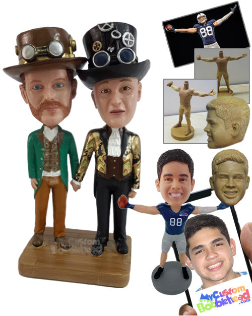 Couple Dressed as Inventors from the Past with Tall Hats and Holding Hands Personalized Bobblehead