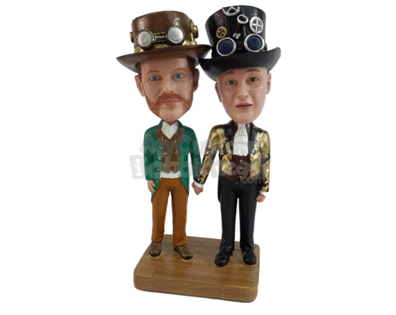 Custom Bobblehead Couple Dressed As Inventors From The Past With Tall Hats And Are Holding Hands - Super Heroes & Movies Movie Characters Personalized Bobblehead & Cake Topper