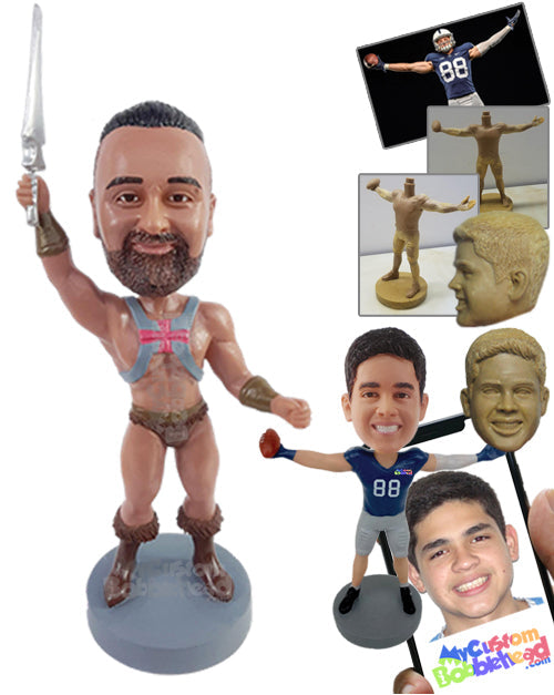 Strong and muscular warrior holding a sword up high to receive his powers Personalized Bobblehead