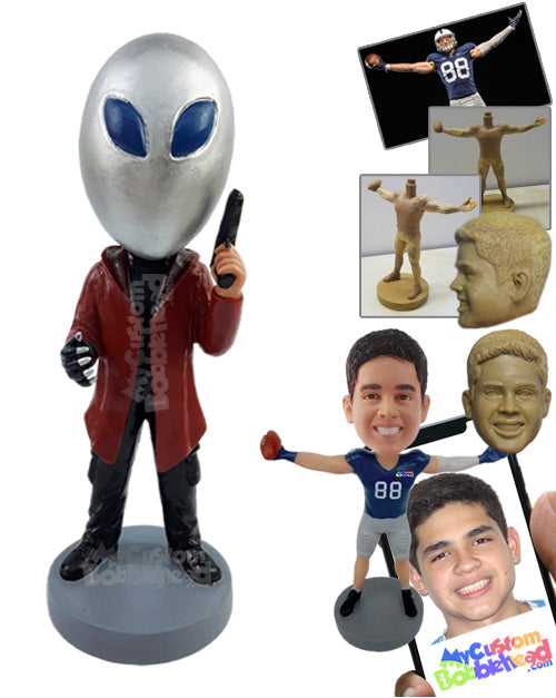 Dude Wearing a Long Space Suit with a Claw Glove and a Gun Ready to Shoot Personalized Bobblehead