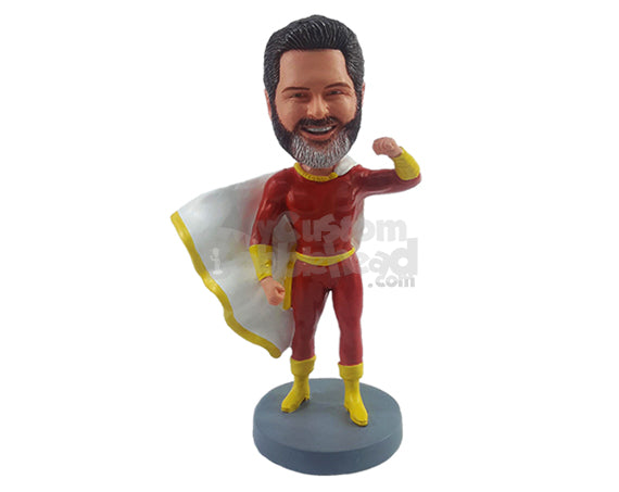 Super hero wearing a super cool outfit with his flyin cape ready to save the world Personalized Bobblehead