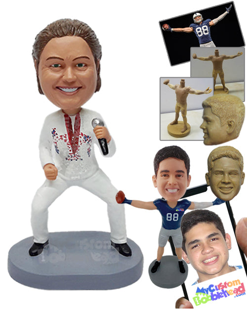 Famous Singer on a Funny Open-Legged Pose Singing with His Mic Wearing a Classical Outfit Personalized Bobblehead