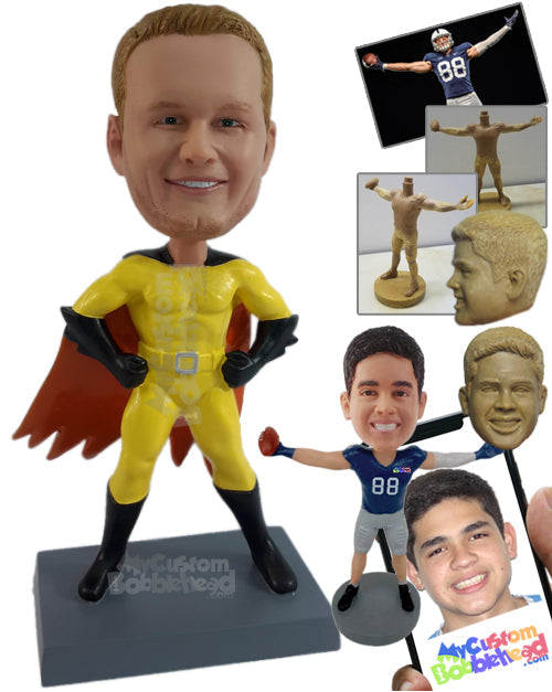 Superhero in Action Costume and Flying Cape Personalized Bobblehead