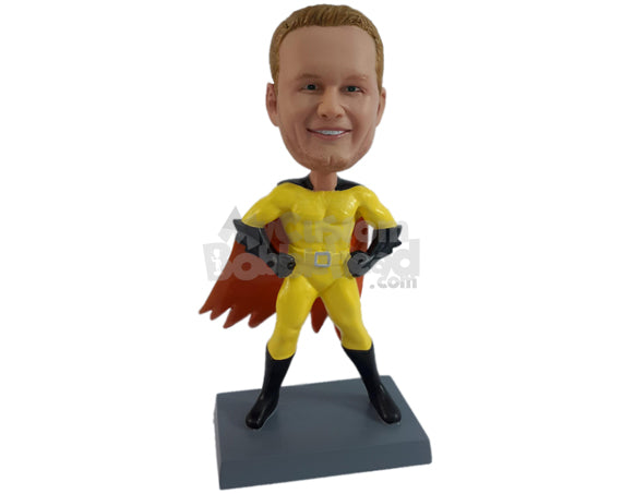 Superhero in Action Costume and Flying Cape Personalized Bobblehead