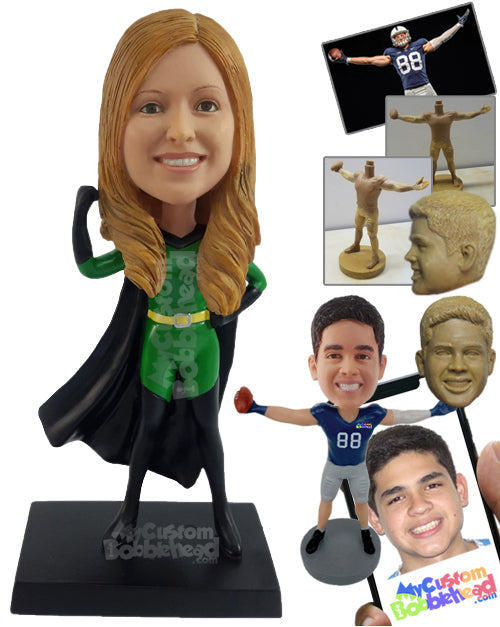 Sexy Female Superhero in Action Costume and Flying Cape Personalized Bobblehead