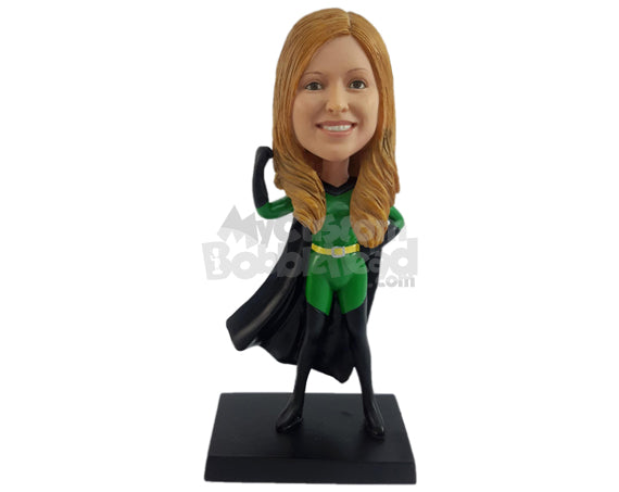 Sexy Female Superhero in Action Costume and Flying Cape Personalized Bobblehead