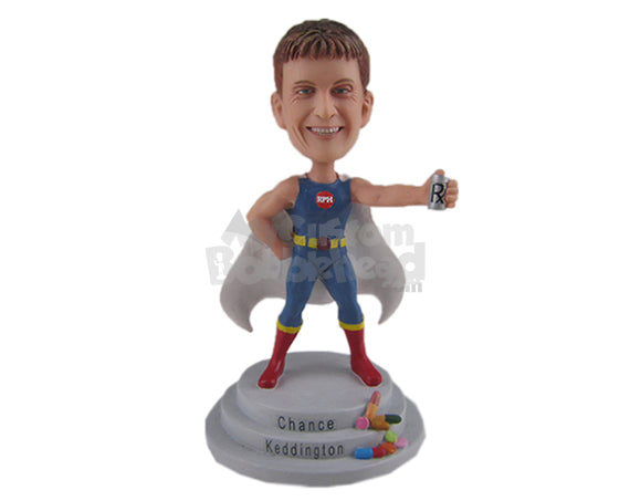 Custom Bobblehead Boy In Superman Costume With A Drink In His Hand - Super Heroes & Movies Super Heroes Personalized Bobblehead & Cake Topper