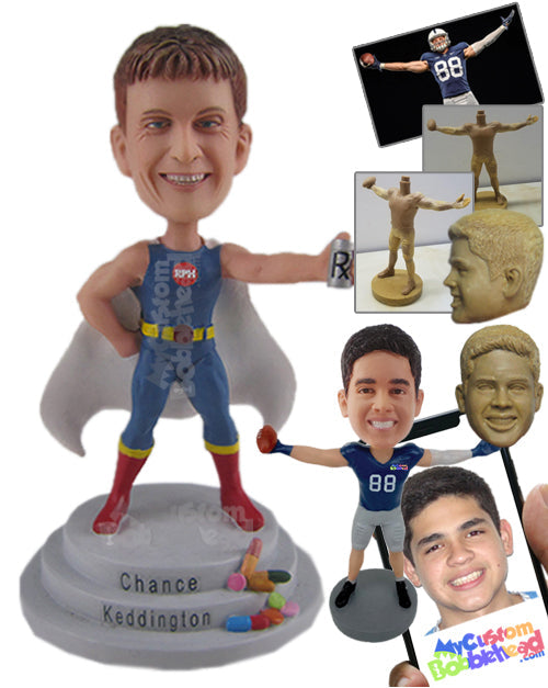 Boy in Superhero Costume with Drink in Hand Personalized Bobblehead