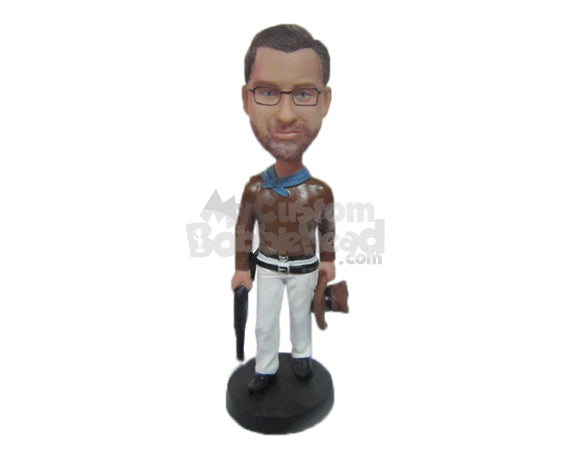 Custom Bobblehead Dude Wearing Leather Jacket And Pant Has A Gun In Hand - Super Heroes & Movies Movie Characters Personalized Bobblehead & Cake Topper