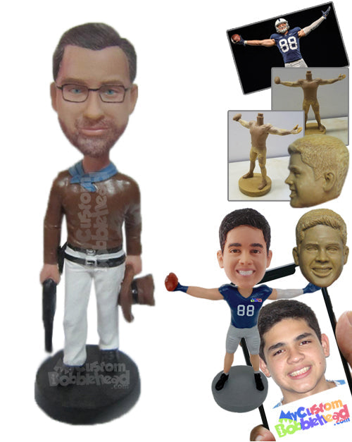 Dude Wearing Leather Jacket and Pants Holding a Gun in Hand Personalized Bobblehead