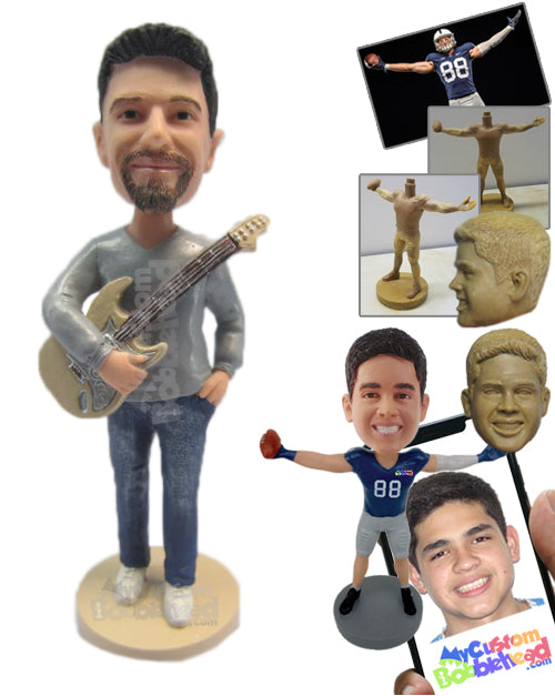 Cool Dude Wearing a Trendy T-Shirt Holding a Guitar Personalized Bobblehead