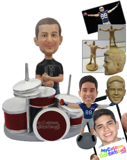 Drummer in Casual Attire Waiting to Beat His Drum Personalized Bobblehead