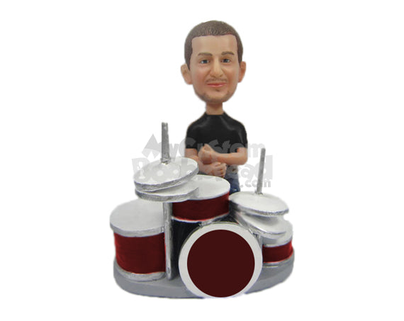 Drummer in Casual Attire Waiting to Beat His Drum Personalized Bobblehead