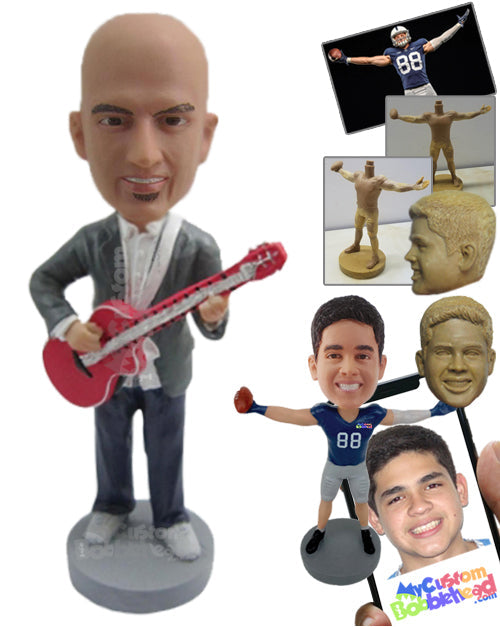 Guitarist in a Jacket Playing a Guitar Personalized Bobblehead