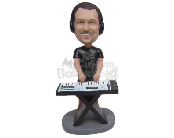 Custom Bobblehead Electric Keyboard Player Wearing Stylish T-Shirt - Musicians & Arts Percussion Instruments Personalized Bobblehead & Cake Topper