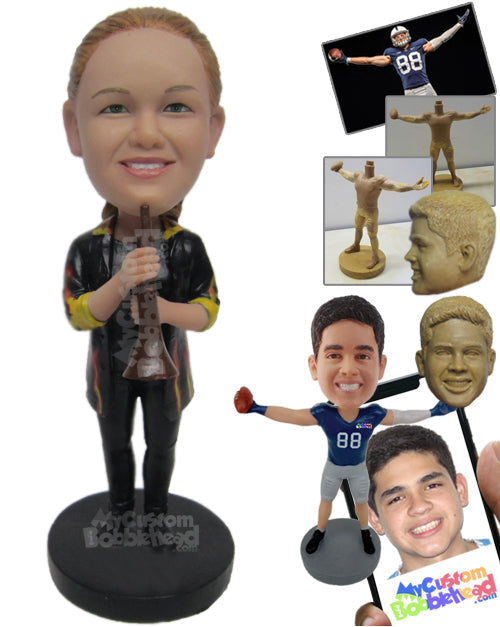 Female Trumpet Player with Fancy Rolled-Up Sleeved Jacket Personalized Bobblehead