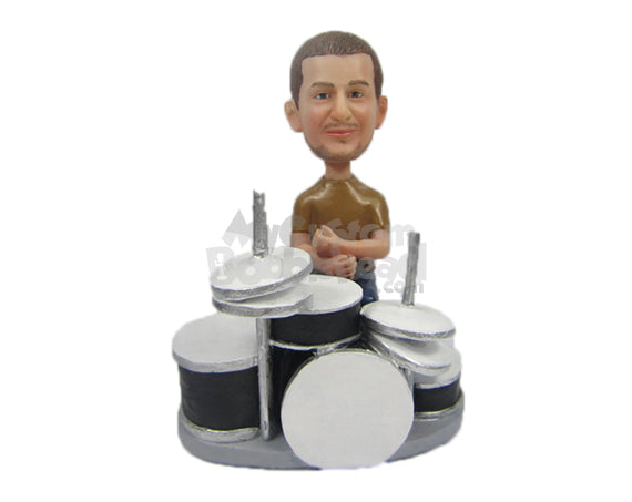 Custom Bobblehead Cool Dude Drummer In Casual Wear Beating His Drum - Musicians & Arts Percussion Instruments Personalized Bobblehead & Cake Topper