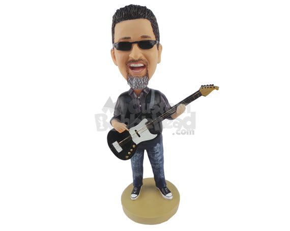 Custom Bobblehead Rockstar Holding A Guitar - Musicians & Arts Strings Instruments Personalized Bobblehead & Cake Topper