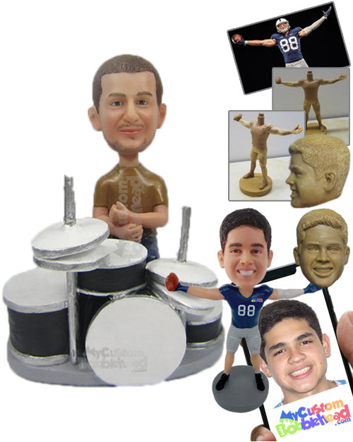 Cool Dude Drummer in Casual Wear Beating His Drum Personalized Bobblehead