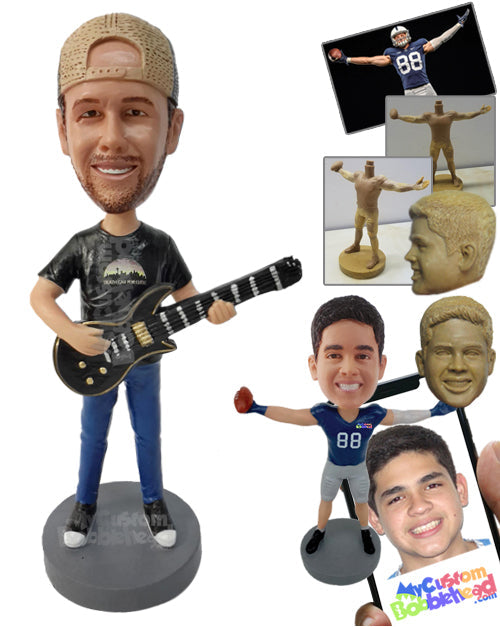 Guy with Backwards Cap Playing a Guitar Personalized Bobblehead