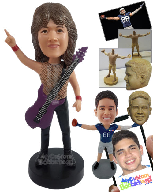 Man Pointing Up while Wearing a Guitar Personalized Bobblehead