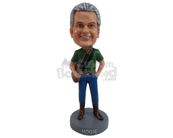 Custom Bobblehead Nice dude wearint shirt and boots with a guitar on hand - Musicians & Arts Strings Instruments Personalized Bobblehead & Action Figure