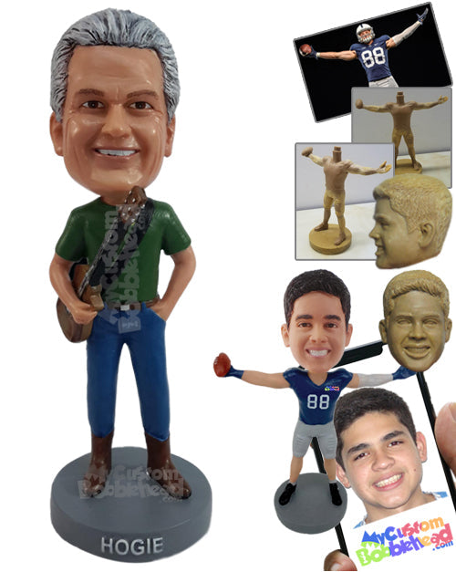 Nice dude wearing shirt and boots with a guitar on hand Personalized Bobblehead