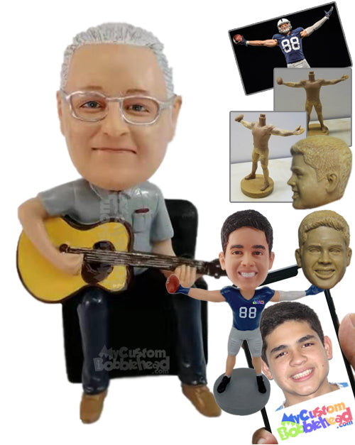 Male playing the guitar, sitting on his couch, wearing a button-down shirt Personalized Bobblehead