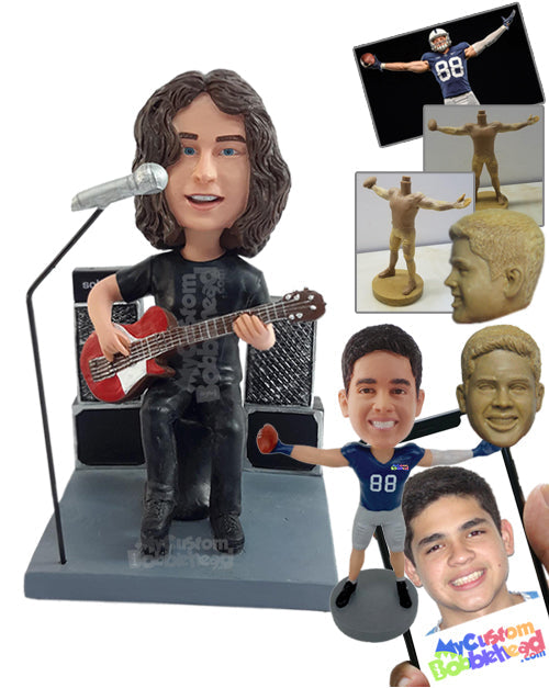 Soloist guitar player singing for the audience, seated on a bench, wearing a t-shirt Personalized Bobblehead