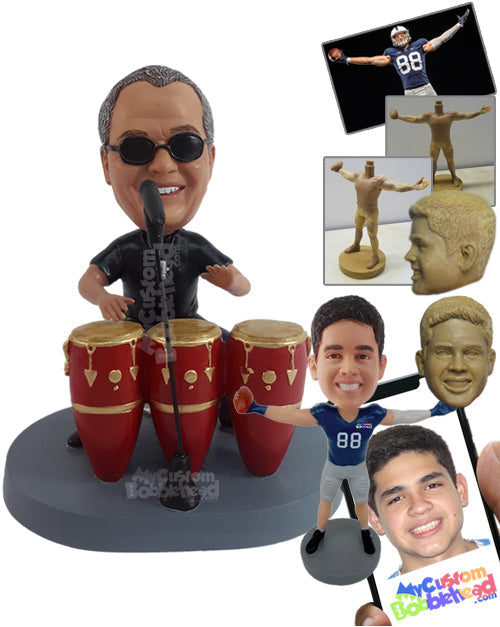 Triple Bongo player wearing a cool t-shirt ready to party and sing Personalized Bobblehead