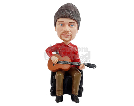 Custom Bobblehead Stylish dude wearing a long sleeve polo shirt ready to play some tunes on the guitar - Musicians & Arts Strings Instruments Personalized Bobblehead & Action Figure