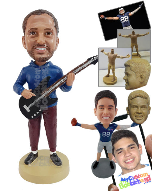 Nice fella wearing a cool hoodie with his electric guitar in hand Personalized Bobblehead