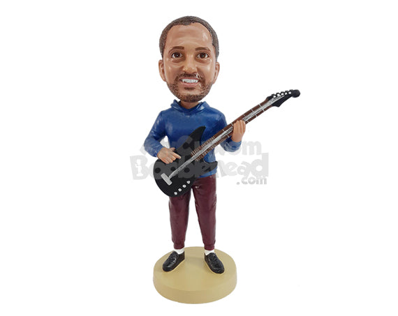 Nice fella wearing a cool hoodie with his electric guitar in hand Personalized Bobblehead