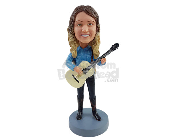 Custom Bobblehead Cowgirl wearing button-down shirt and high boots ready to play the guitar - Musicians & Arts Strings Instruments Personalized Bobblehead & Action Figure