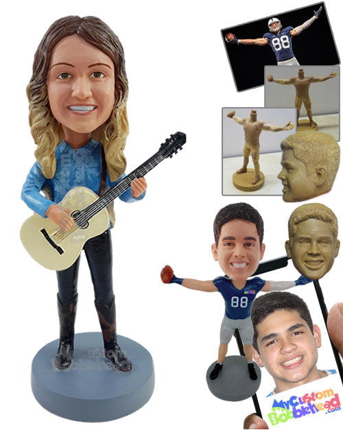 Cowgirl Wearing Button-Down Shirt and High Boots Ready to Play the Guitar Personalized Bobblehead