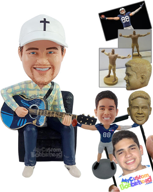 Acoustic Guitar Player Sitting on a Couch, Wearing Nice Long Sleeve Shirt Personalized Bobblehead