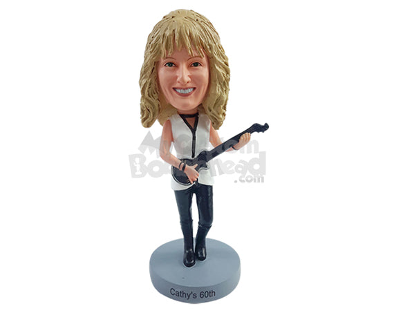 Custom Bobblehead Nice gal wearing cool cblouse and boots playing a nice electric guitar - Musicians & Arts Strings Instruments Personalized Bobblehead & Action Figure