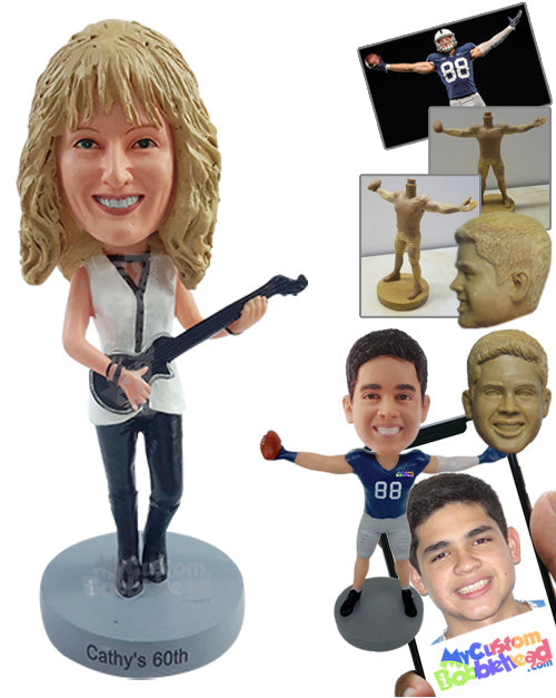 Nice gal wearing a cool blouse and boots, playing a nice electric guitar Personalized Bobblehead