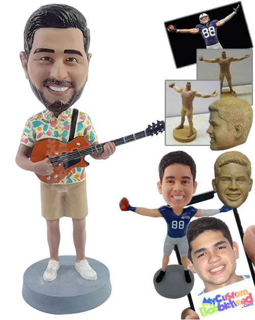 Male wearing a nice short sleeve shirt and shorts, playing the guitar Personalized Bobblehead