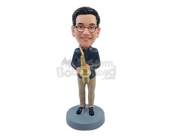 Custom Bobblehead Saxophone player wearing nice shirt and casual shoes - Musicians & Arts Wind Instruments Personalized Bobblehead & Action Figure