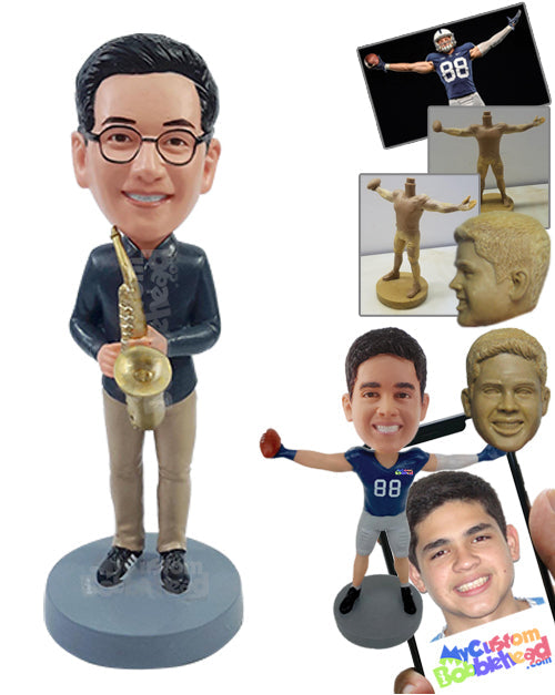 Saxophone player wearing a nice shirt and casual shoes Personalized Bobblehead