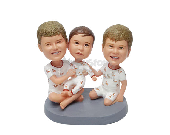 Custom Bobblehead Tipple Sibblings wearing identical clothe having fun altogether - Parents & Kids Siblings Personalized Bobblehead & Action Figure