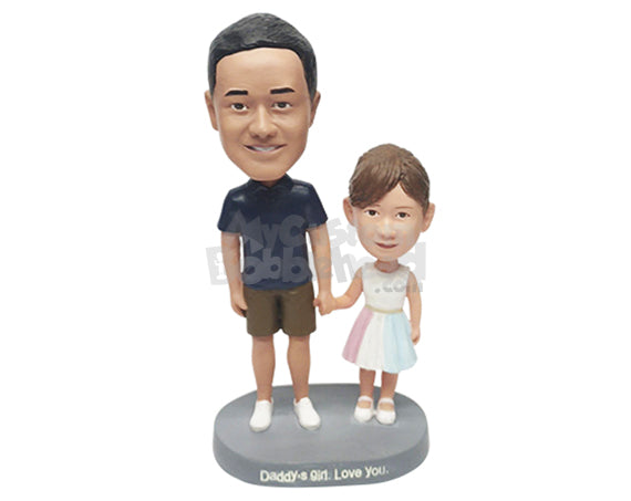 Custom Bobblehead Nice dad wearing polo shirt and shorts with his beautiful daughter on a nice dress - Parents & Kids Dad & Kids Personalized Bobblehead & Action Figure