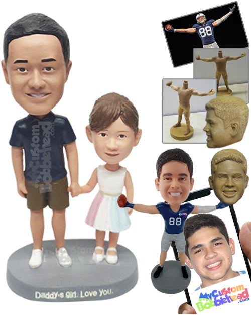 Nice dad wearing a polo shirt and shorts with his beautiful daughter in a nice dress Personalized Bobblehead