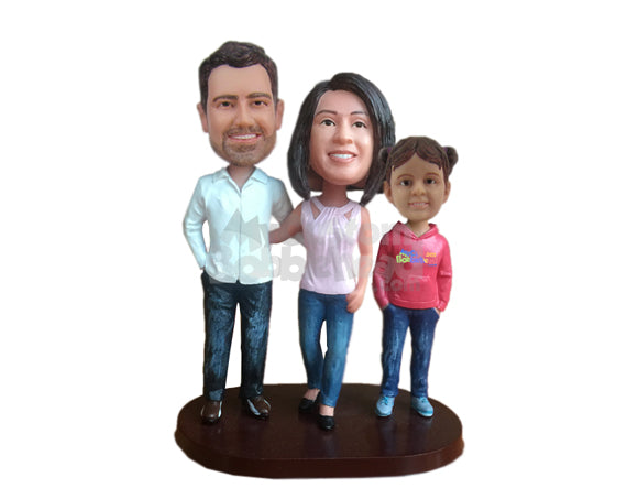 Father, Mother And Daughter Trio Wearing Jeans Personalized Bobblehead