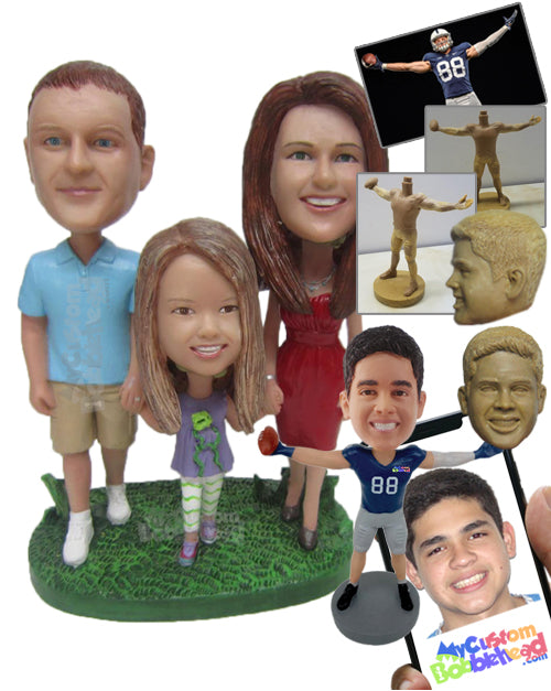 Mother, Daughter, and Dad Trio Walking Hand in Hand Personalized Bobblehead