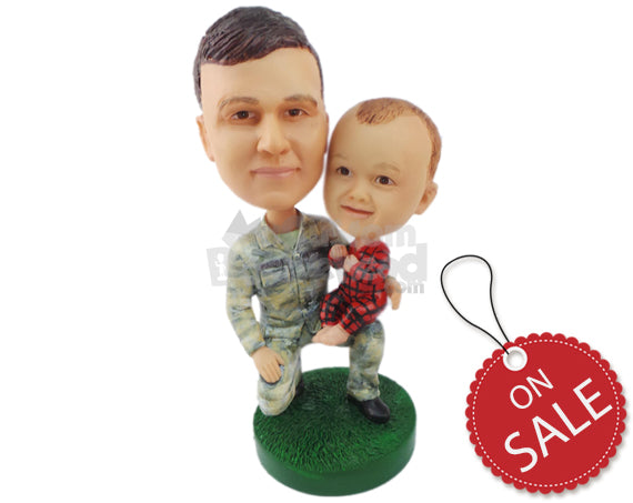 Custom Bobblehead Military Father And Son Having A Great Time Outdoors - Parents & Kids Dad & Kids Personalized Bobblehead & Cake Topper